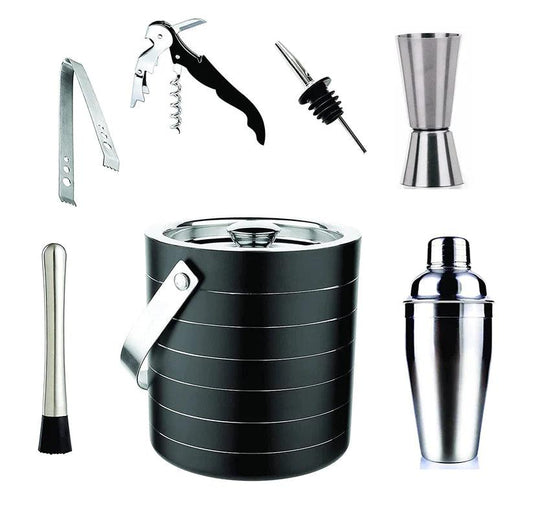 Treasure Exports Barware 7 Pieces Bar Set of Double Wall Ice Bucket, Ice Tong, Measuring Jig, Whiskey Pourer, Cocktail Shaker, Muddler Stick, Wine Opener, Stainless Steel - TREASURE EXPORTS