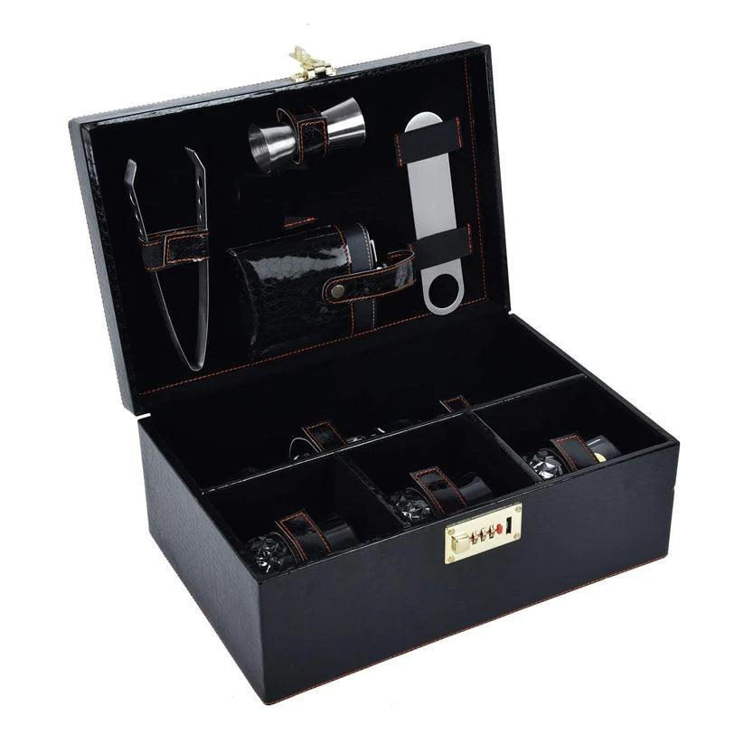 Treasure Exports Croc Print Vegan Leathers Bar Set | Premium Bar Set Portable Leatherette Bar Set for car | 3 Whiskey Glasses - Black & Beige - TREASURE EXPORTS