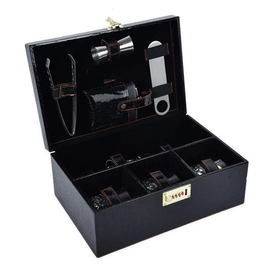 Treasure Exports Croc Print Vegan Leathers Bar Set | Premium Bar Set Portable Leatherette Bar Set for car | 3 Whiskey Glasses - Black & Beige - TREASURE EXPORTS