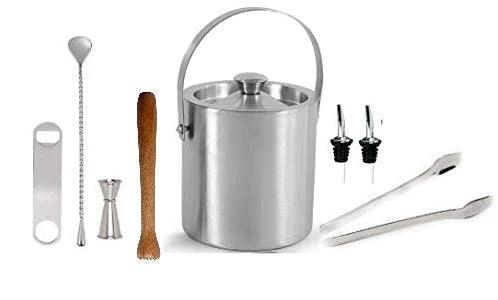 Treasure Exports Bar Set for Drink : Ice Bucket Peg Measurer 30-60 ml Teardrop Bar Spoon Ice Tong Bottle Opener Pourer Woden Muddler: 8 Pcs Set - TREASURE EXPORTS