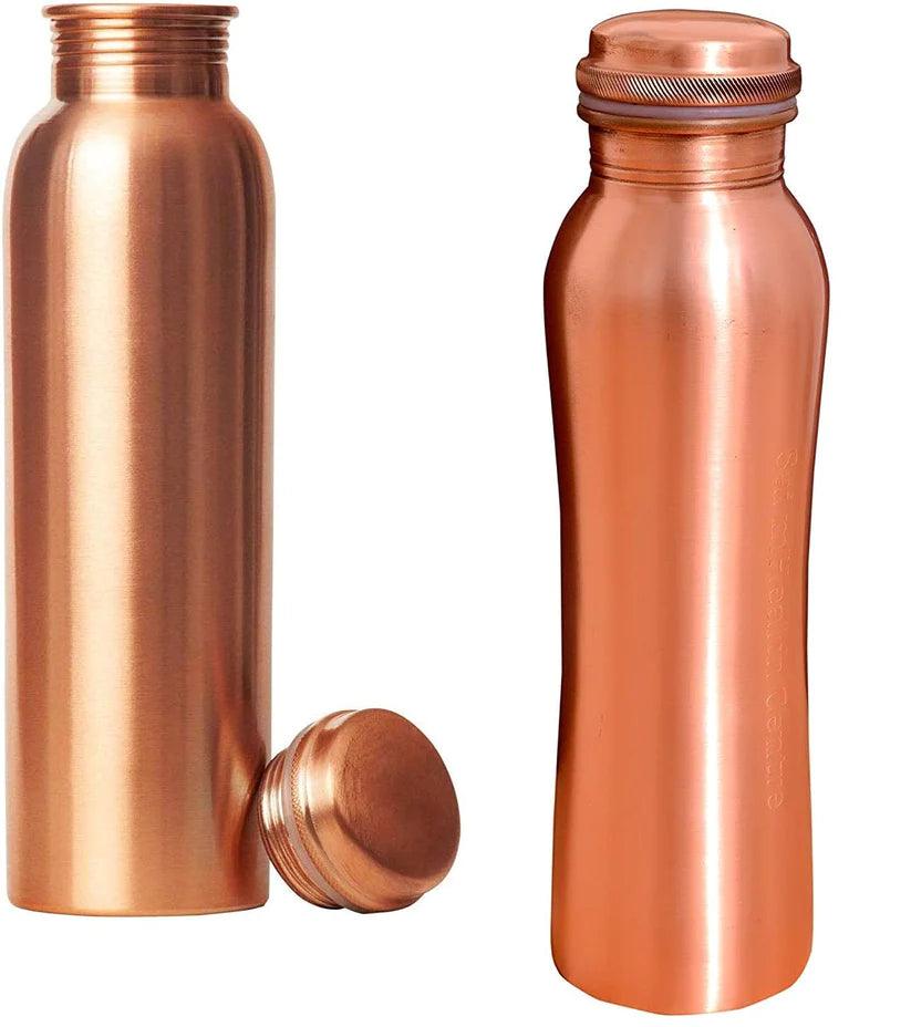 Treasure Exports Pure Copper Water Bottle and Curve Design Copper Water Bottle 1 Litre (Set of 2) - TREASURE EXPORTS