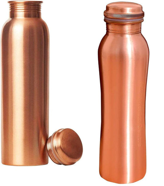 Treasure Exports Pure Copper Water Bottle and Curve Design Copper Water Bottle 1 Litre (Set of 2) - TREASURE EXPORTS
