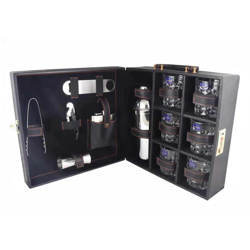 Treasure Exports Croc Print Vegan Leathers Bar Set | Premium Bar Set Portable Leatherette Bar Set for car | 3 Whiskey Glasses - Black & Beige - TREASURE EXPORTS