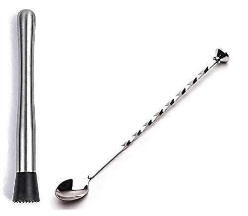 Treasure Exports Cocktail Bar Muddler 8" Stainless Steel Drink Muddler & Mixing Spoon 12" with Long Spiral Handle to Create Refreshing Drinks 2 Pcs. - TREASURE EXPORTS