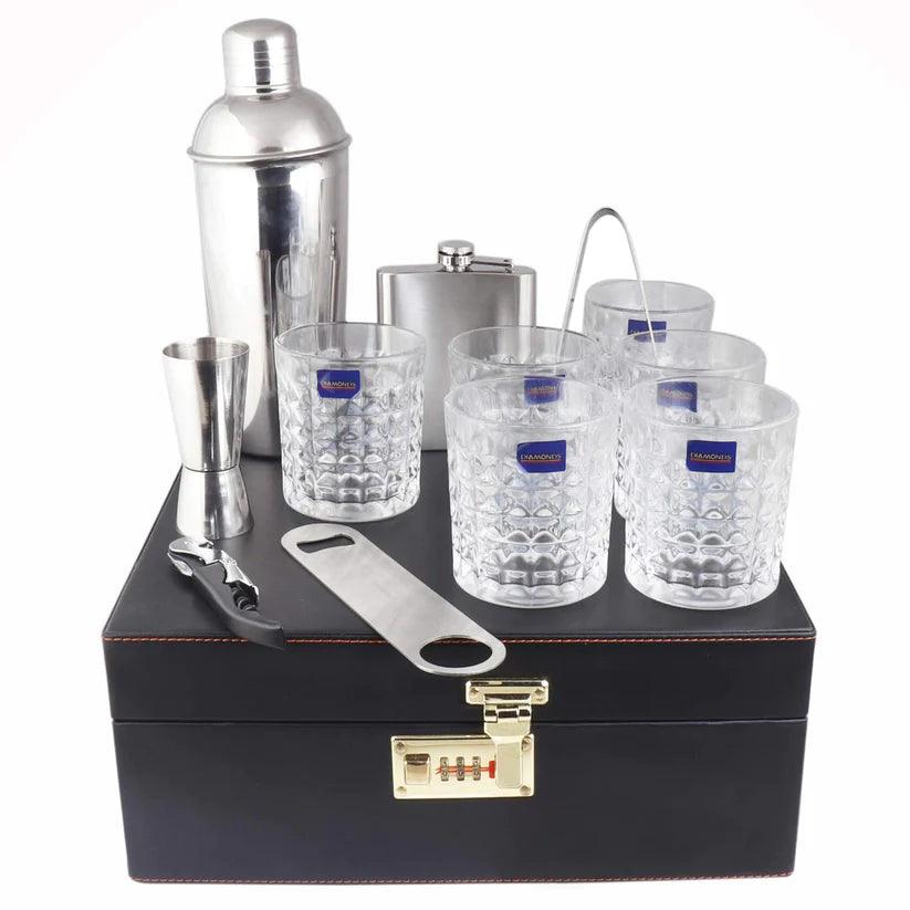 Treasure Exports Croc Print Vegan Leathers Bar Set | Premium Bar Set Portable Leatherette Bar Set for car | 3 Whiskey Glasses - Black & Beige - TREASURE EXPORTS