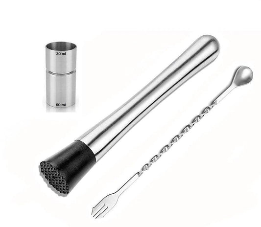 Treasure Exports Stainless Steel Muddling Tool Set, Grooved Nylon Head Muddler, Double-Sided Cocktail Jigger, Perfect Professional Bartender Kit: 03 Pcs - TREASURE EXPORTS