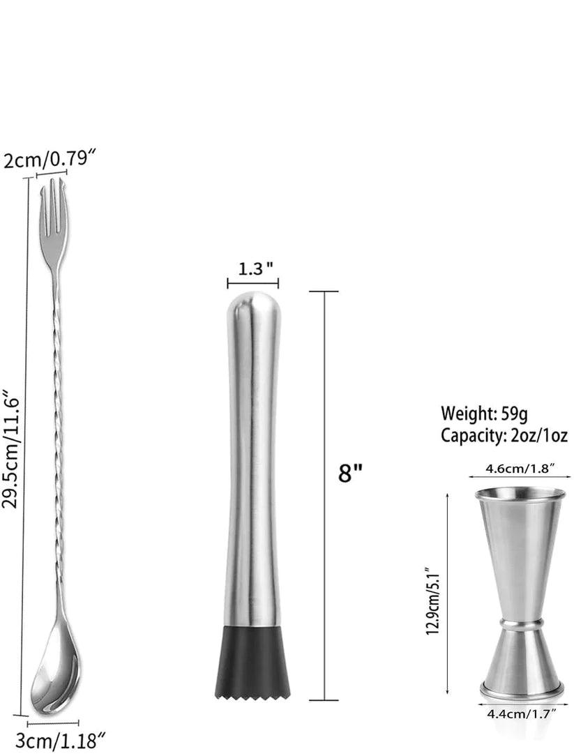 Treasure Exports Cocktail Set, Peg Measuring Jigger, Mixing Spoon, Muddler - Pro Bar Tools Set: 3 Pieces - TREASURE EXPORTS