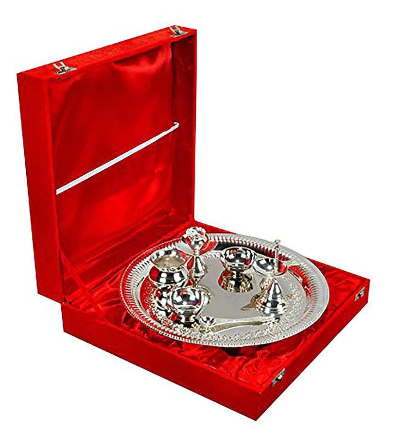 Treasure Exports Silver Pooja Aarti Thali with Gift Box (Size 23.6 X 23.6 X 6.3 cm) (Silver) - TREASURE EXPORTS