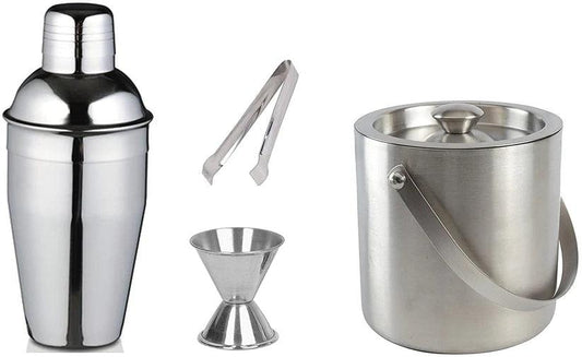 Treasure Exports 4 Piece Bar Set (Large) - Cocktail Shaker, Ice Tong, Ice Bucket and Peg Measure - TREASURE EXPORTS