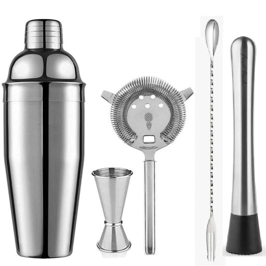 Treasure Exports Cocktail 5 pcs Set Cocktail Shaker, peg Measure, Strainer, Fork Spoon,Steel Muddler - TREASURE EXPORTS