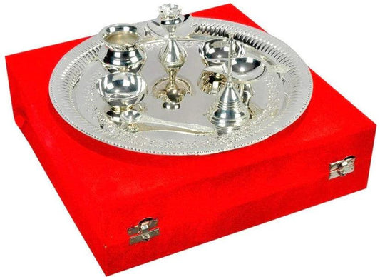 Treasure Exports Silver Pooja Aarti Thali with Gift Box (Size 23.6 X 23.6 X 6.3 cm) (Silver) - TREASURE EXPORTS