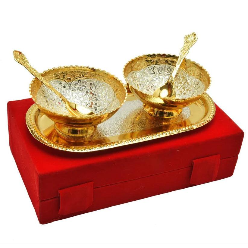 Treasure Exports Gold an Silver Plated Brass Bowl Flower Design Set of 5 Pcs with Box Packing - TREASURE EXPORTS