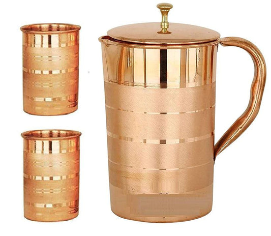 Treasure Exports Brass Knob Copper jug with Glasses Copper jug for Water with 2 Glass 1500 ml - TREASURE EXPORTS