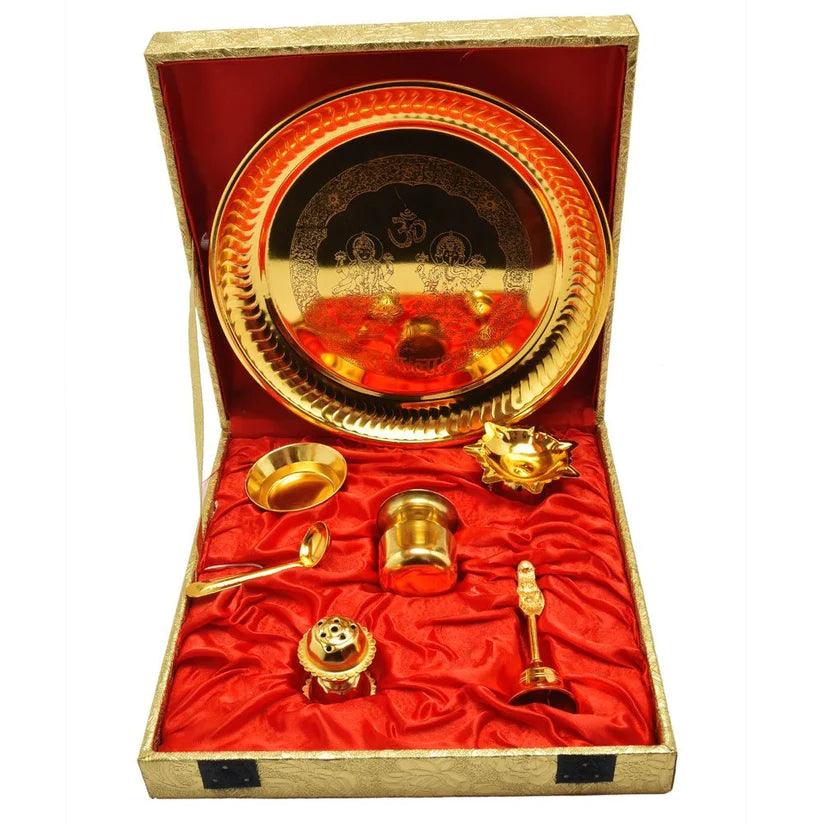Treasure Exports Gold Plated Pooja Aarti Thali with Gift Box (Size 23.6 X 23.6 X 6.3 cm) (Gold) - TREASURE EXPORTS