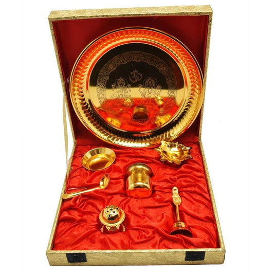 Treasure Exports Gold Plated Pooja Aarti Thali with Gift Box (Size 23.6 X 23.6 X 6.3 cm) (Gold) - TREASURE EXPORTS