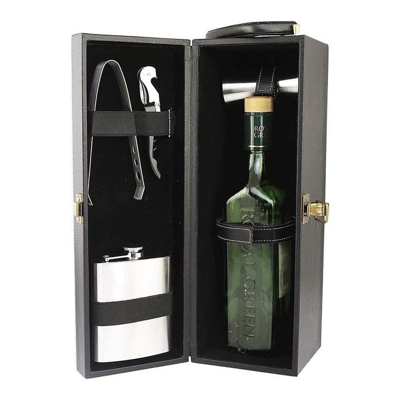 Treasure Exports Travel Bar Set |Portable Leatherette Bar Set |Wine Case |Whisky Case | Wooden Bar Set for Picnic | Portable Bar Accessories Set (Black) - TREASURE EXPORTS