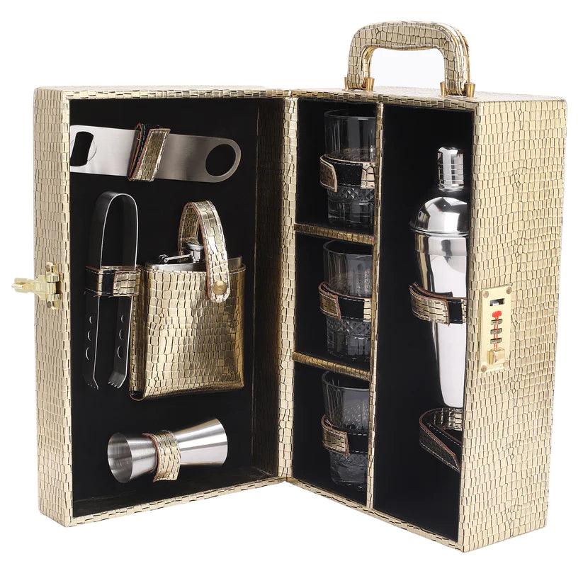 Treasure Exports 3 Glasses Bar Set | Travel Bartender Kit | Portable Leatherette Bar Set for Car, Home,Bar Tools Set (Golden) - TREASURE EXPORTS