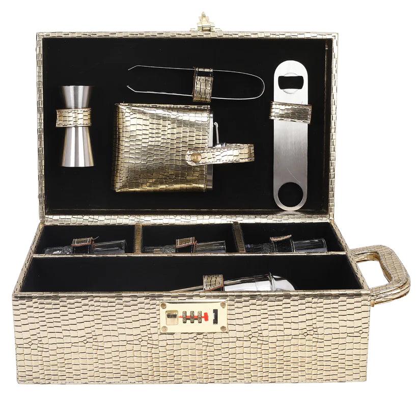 Treasure Exports 3 Glasses Bar Set | Travel Bartender Kit | Portable Leatherette Bar Set for Car, Home,Bar Tools Set (Golden) - TREASURE EXPORTS