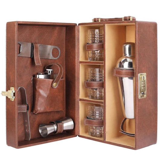 Treasure Exports 3 Glasses Bar Set | Travel Bartender Kit | Portable Leatherette Bar Set for Car, Home,Bar Tools Set (Brown) - TREASURE EXPORTS