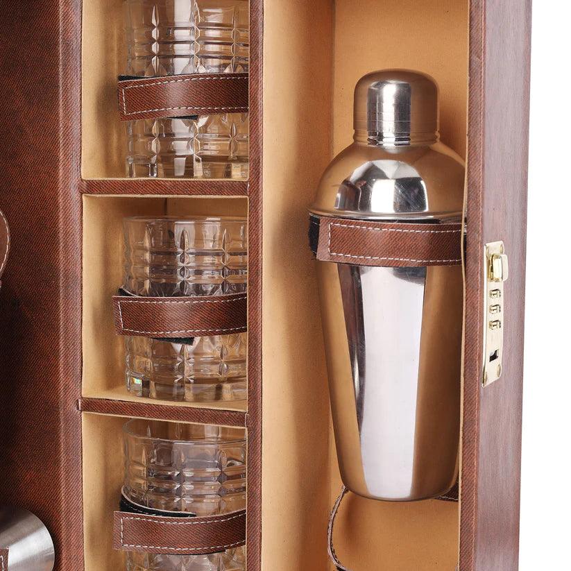 Treasure Exports 3 Glasses Bar Set | Travel Bartender Kit | Portable Leatherette Bar Set for Car, Home,Bar Tools Set (Brown) - TREASURE EXPORTS