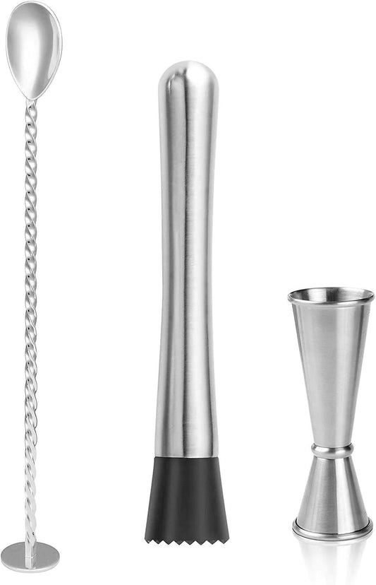 Treasure Exports Muddler Bar Tool Set Stainless Steel Cocktail Mixing Spoon Jigger Mojito Home Fruit Drink - TREASURE EXPORTS