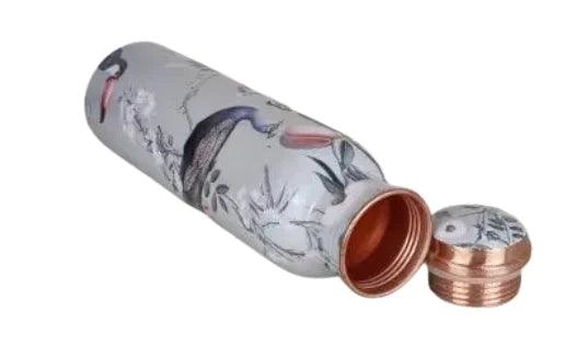 Treasure Exports Meena peacock Printed Copper Water Bottle 1000 ML White - TREASURE EXPORTS