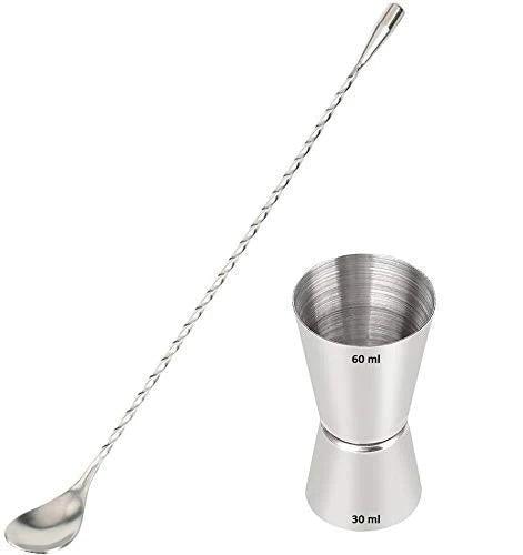 Treasure Exports Cocktail Spoon Bar Spoon Long Spoon Mixing Spoon 12 Inches with Peg Measurer, Jigger, Measure Cup 30ml/60ml: 2 Pcs - TREASURE EXPORTS