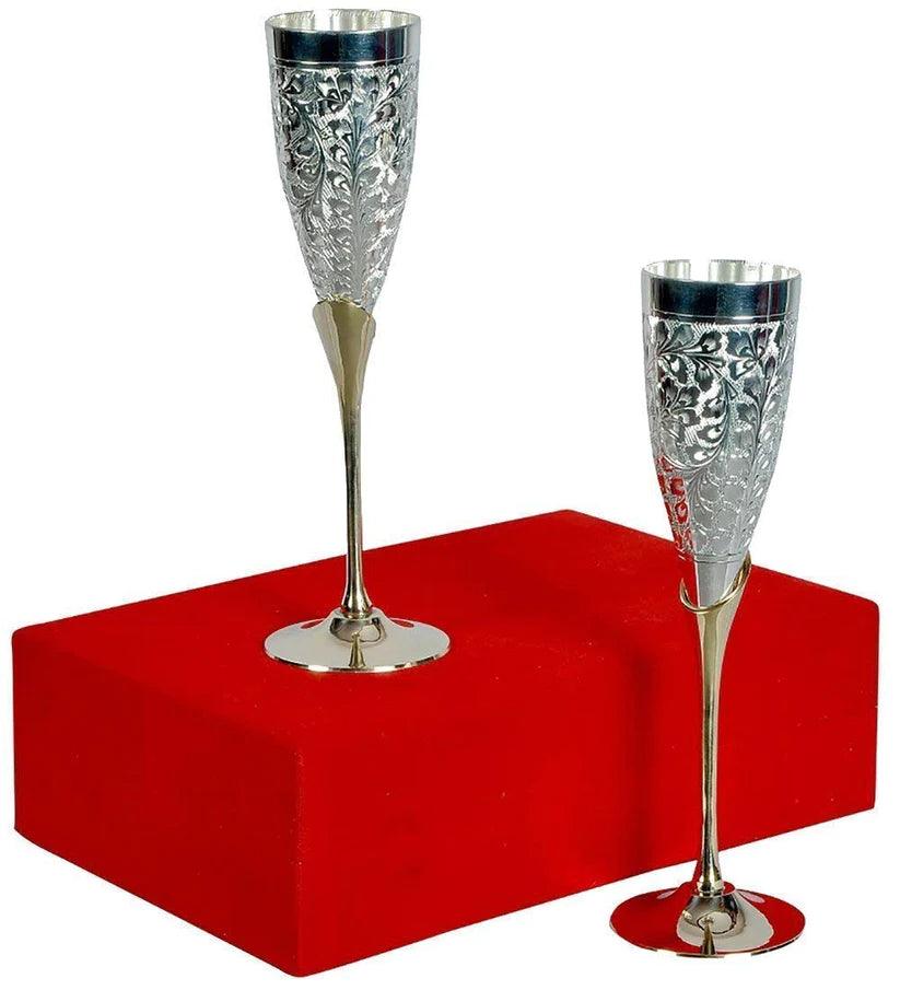 Treasure Exports Silver Plated Goblet Flute Wine Glass for Parties - Set of 2 (Silver and Gold 100 ML) - TREASURE EXPORTS
