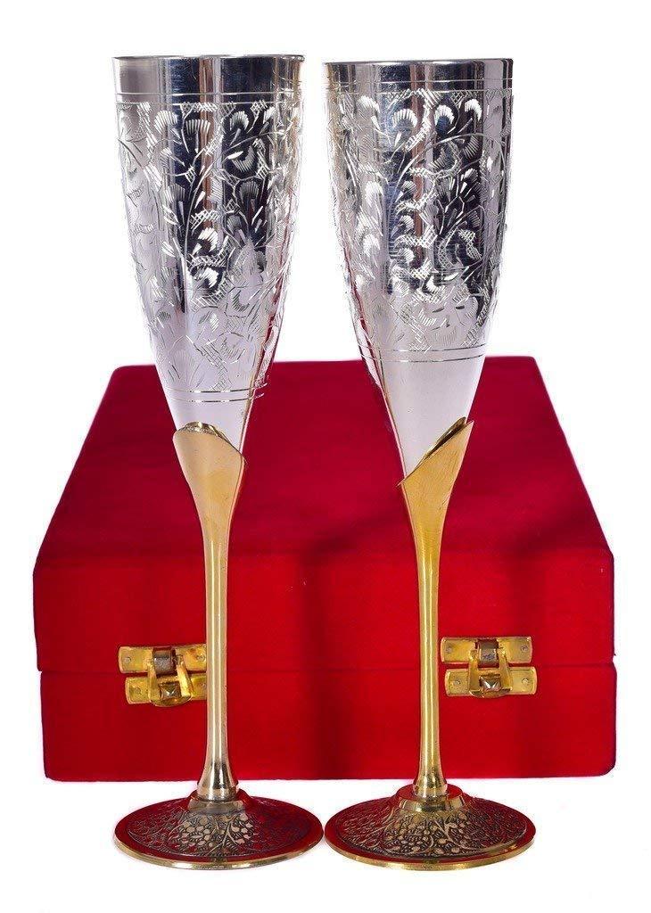 Treasure Exports Silver Plated Goblet Flute Wine Glass for Parties - Set of 2 (Silver and Gold 100 ML) - TREASURE EXPORTS