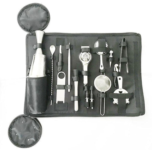 Treasure Exports Roll Up Mixologist Bar Tool Set with 16 Tools (Black Bag) - TREASURE EXPORTS