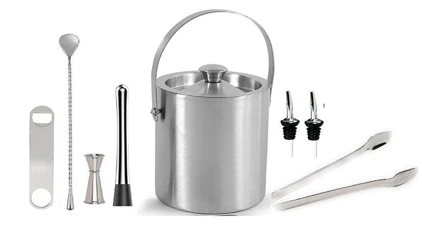 Treasure Exports Bar Set for Drink Mixing Bar Tools: Ice Bucket Peg Measurer 30-60 ml Teardrop Bar Spoon Ice Tong Bottle Opener Pourer Muddler: 8 Pcs Set - TREASURE EXPORTS
