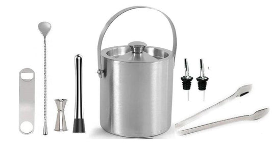 Treasure Exports Bar Set for Drink Mixing Bar Tools: Ice Bucket Peg Measurer 30-60 ml Teardrop Bar Spoon Ice Tong Bottle Opener Pourer Muddler: 8 Pcs Set - TREASURE EXPORTS