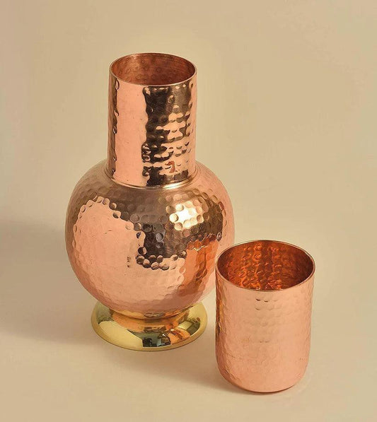 Treasure Exports Hammered Surai Design Bedroom Water Copper Bottle with Inbuilt Glass 1200 ml Set of 1 (Brown) - TREASURE EXPORTS
