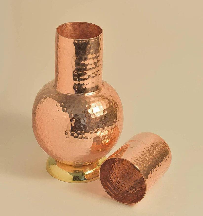 Treasure Exports Hammered Surai Design Bedroom Water Copper Bottle with Inbuilt Glass 1200 ml Set of 2 (Brown) - TREASURE EXPORTS
