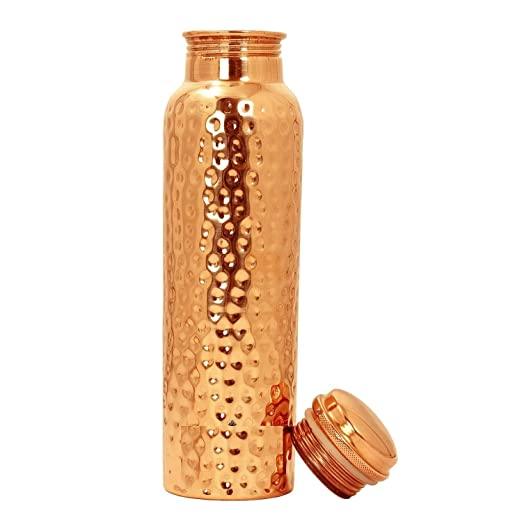 Treasure Hammered copper water bottle 1 litre copper water bottle with hammered design - TREASURE EXPORTS