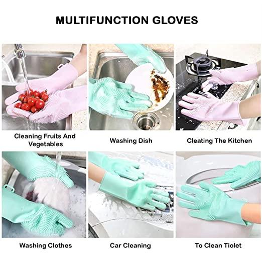 Treasure Silcion Gloves for Dishwashing, Washing Utensils Silicone Dishwashing, Car Cleaning Gloves, Bathroom and Kitchen washing Glove with Scrubber