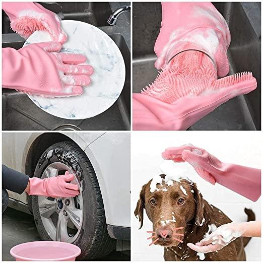 Treasure Silcion Gloves for Dishwashing, Washing Utensils Silicone Dishwashing, Car Cleaning Gloves, Bathroom and Kitchen washing Glove with Scrubber - Assorted color (Pack of 1) - TREASURE EXPORTS