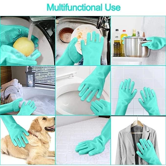 Treasure Silcion Gloves for Dishwashing, Washing Utensils Silicone Dishwashing, Car Cleaning Gloves, Bathroom and Kitchen washing Glove with Scrubber - Assorted color (Pack of 1) - TREASURE EXPORTS
