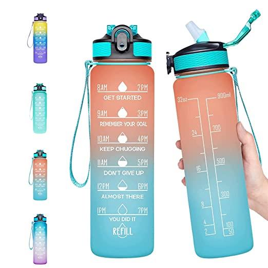 32 oz Sports Water Bottle with Straw Motivational Time Marker Leakproof BPA Free, Blue