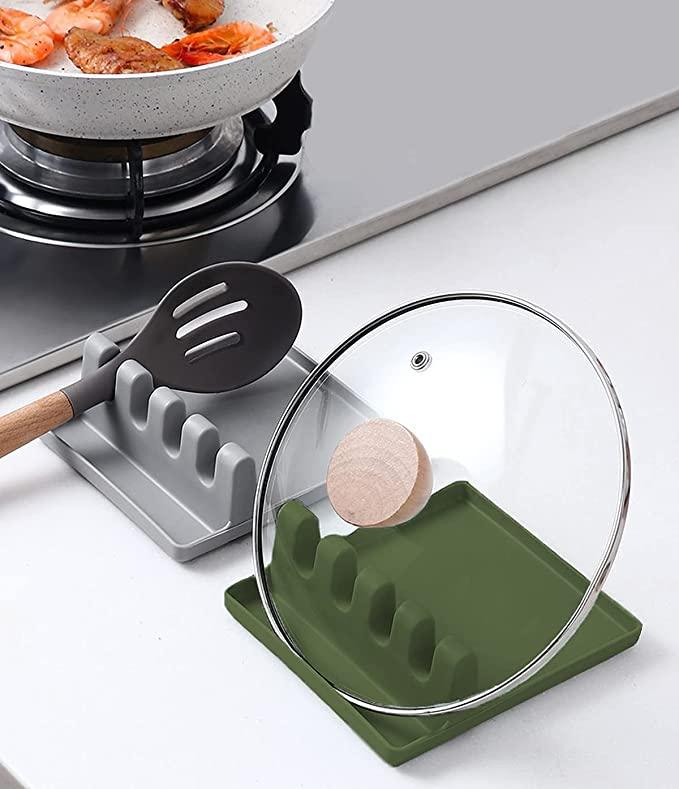 Treasure Spatula/Tongs/Spoon Rest with Drip Pad & Pot Stand, Multifunction Kitchen Spatula Rack with Lid Holder (Grey) - TREASURE EXPORTS